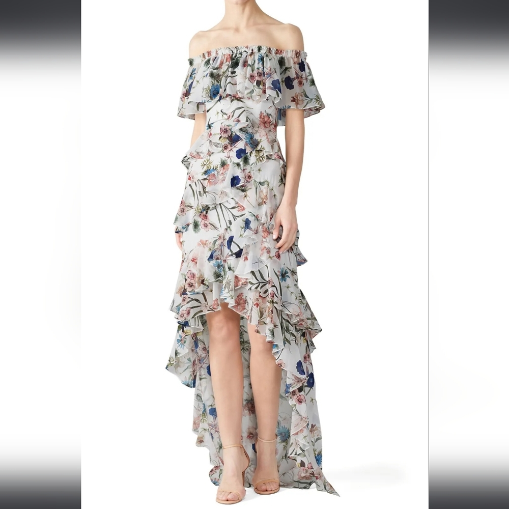 Badgley Mischka White Floral High Low Over-The-Shoulder Maxi Gown Women'…